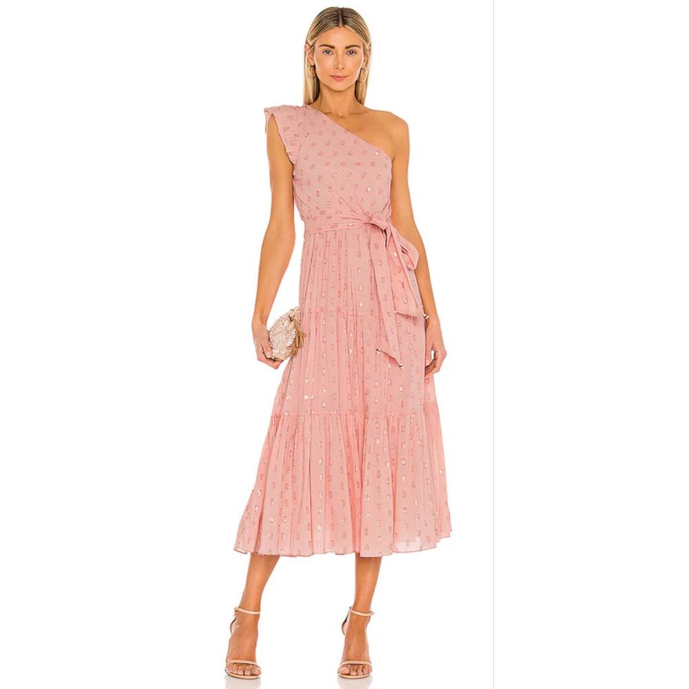 Karina Grimaldi Midi Dress Coral Pink One Shoulder Belted Polka Dot